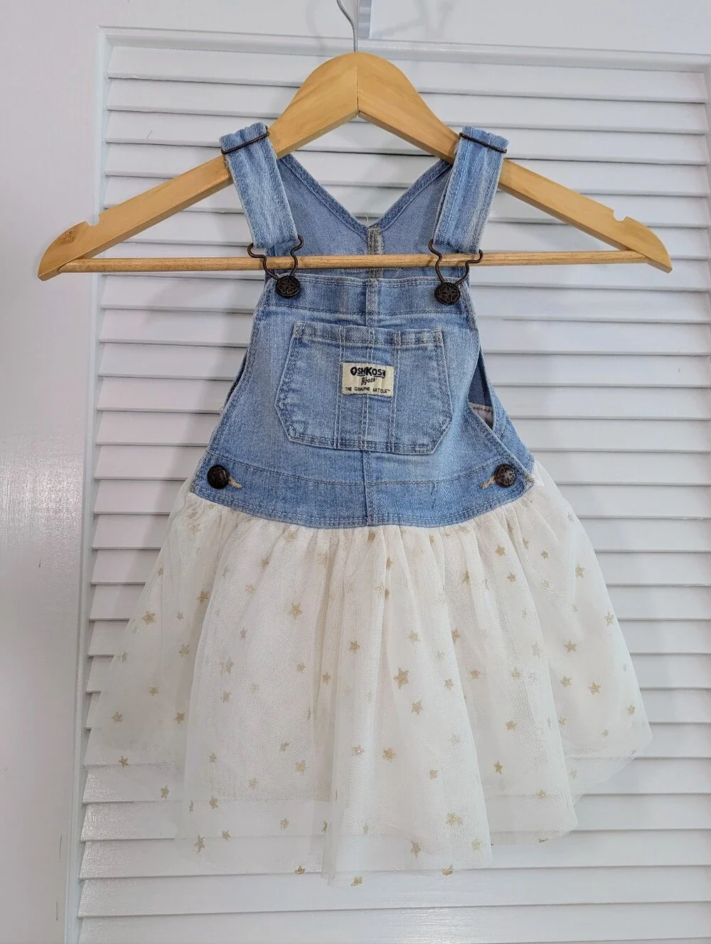OshKosh B'gosh Girls 2T Denim Tulle Gold Star Overall Tutu Dress